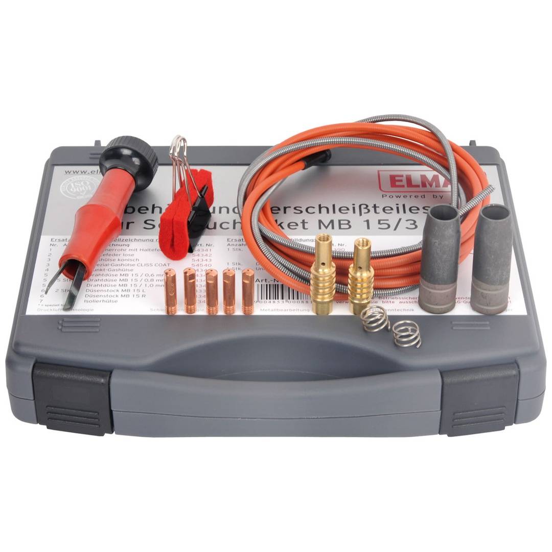 Tragbarer ELM-Schweißfleck-Kit in einem Tragekoffer mit Kabel, Sonde, Klemmen, Elektroden und Zubehör.