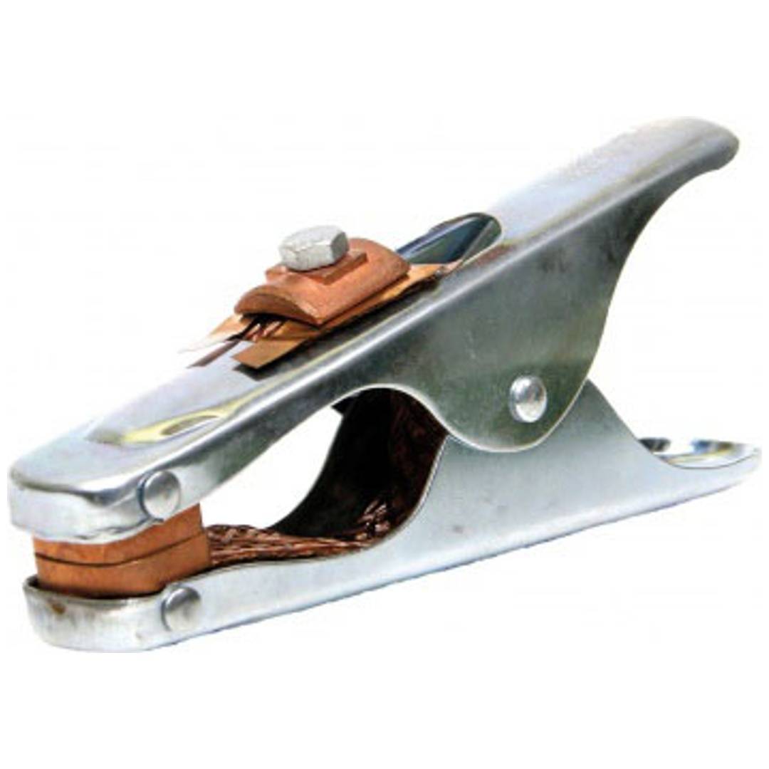 Ein Metallkrokodilklemme mit Kupferkontakt und Schraubklemme, die zum vorübergehenden Verbinden von Drähten oder Komponenten verwendet wird.