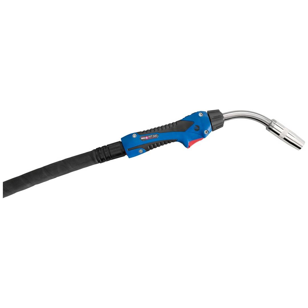 Blauer Schweißbrenner mit schwarzem Kabel und gebogenem Metalldüsenaufsatz auf weißem Hintergrund.
