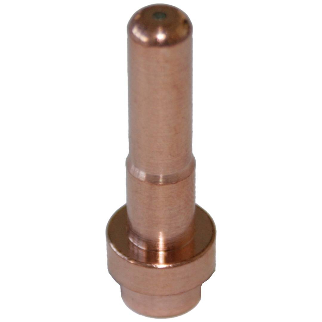 Ein kupferfarbiger, zylindrischer Metallstift oder Stecker, der aufrecht auf weißem Hintergrund steht.