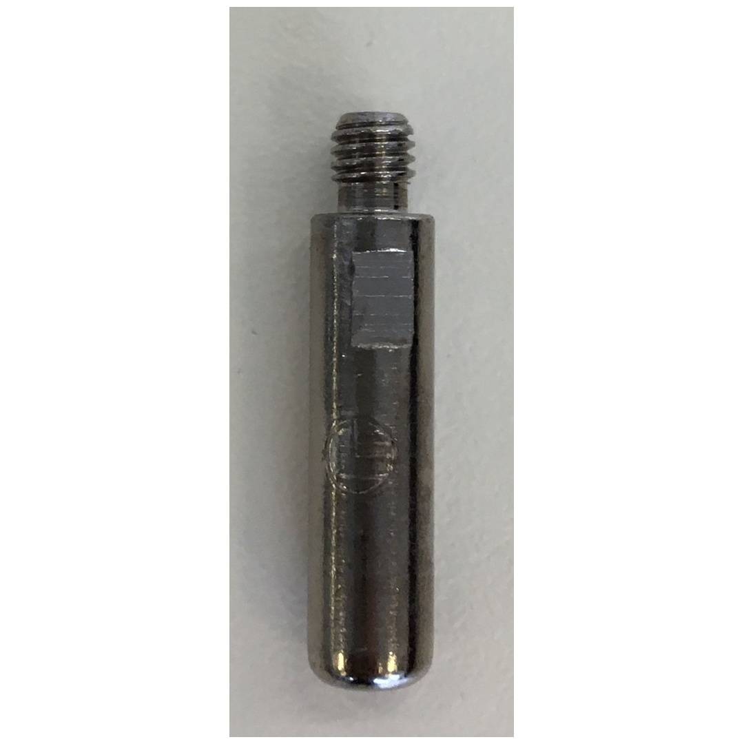 Kleiner metallischer zylindrischer Stecker oder Befestiger mit einer Gewindestange an der Oberseite, dargestellt vor einem einfachen hellen Hintergrund.