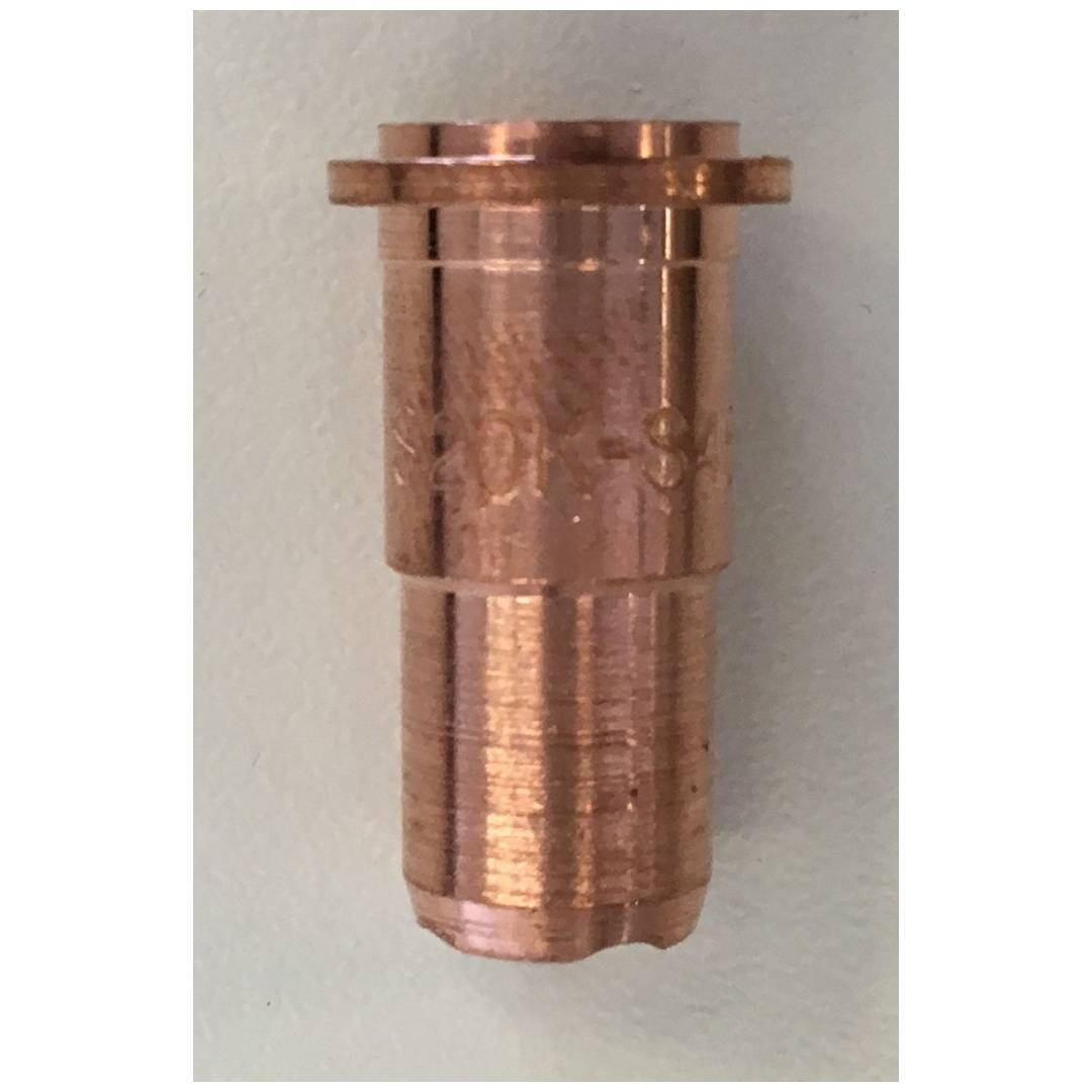 Nahaufnahme eines kleinen kupferfarbenen zylindrischen Metallteils mit einem Flansch oben, dargestellt vor einem neutralen Hintergrund.