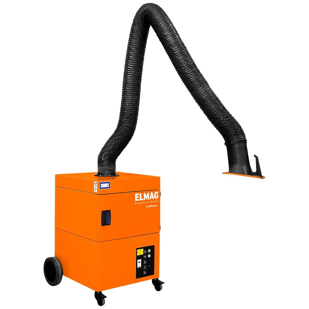Orange ELMAG Industriestaubabsauger mit flexiblem schwarzem Schlauch, Rädern und Bedienfeld auf weißem Hintergrund.