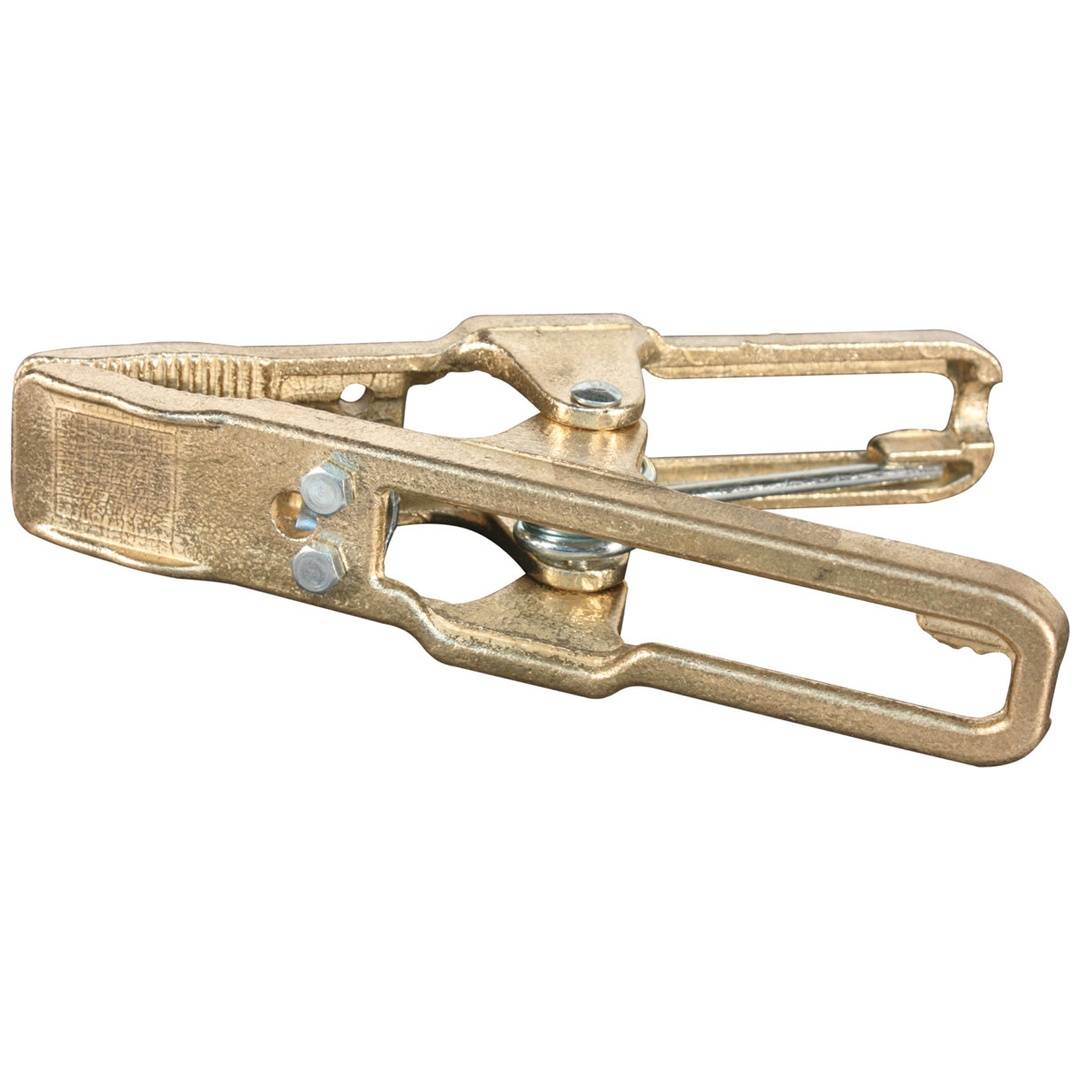 Goldfarbene Metallspannzwinge mit zwei langen Griffen, dargestellt auf weißem Hintergrund.