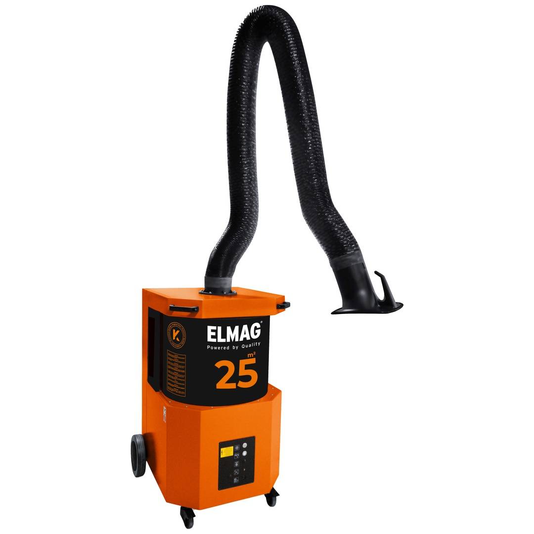 Orange ELMAG 25 Industrieabsauganlage mit flexiblem schwarzem Schlauch und fahrbarem Untergestell, dargestellt auf weißem Hintergrund.