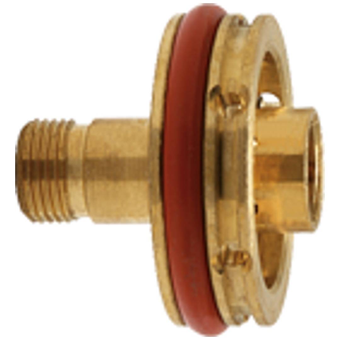 Messinggewinde-Fitting mit rotem Dichtungs-O-Ring, dargestellt auf weißem Hintergrund.