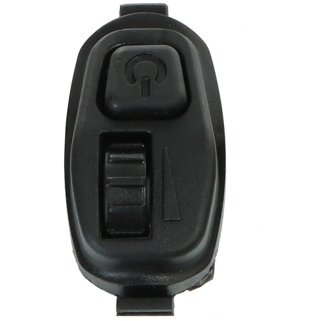 Schwarze Stromschalter und vertikaler Schiebeschalter auf einem kleinen elektronischen Gerät, gezeigt vor weißem Hintergrund.