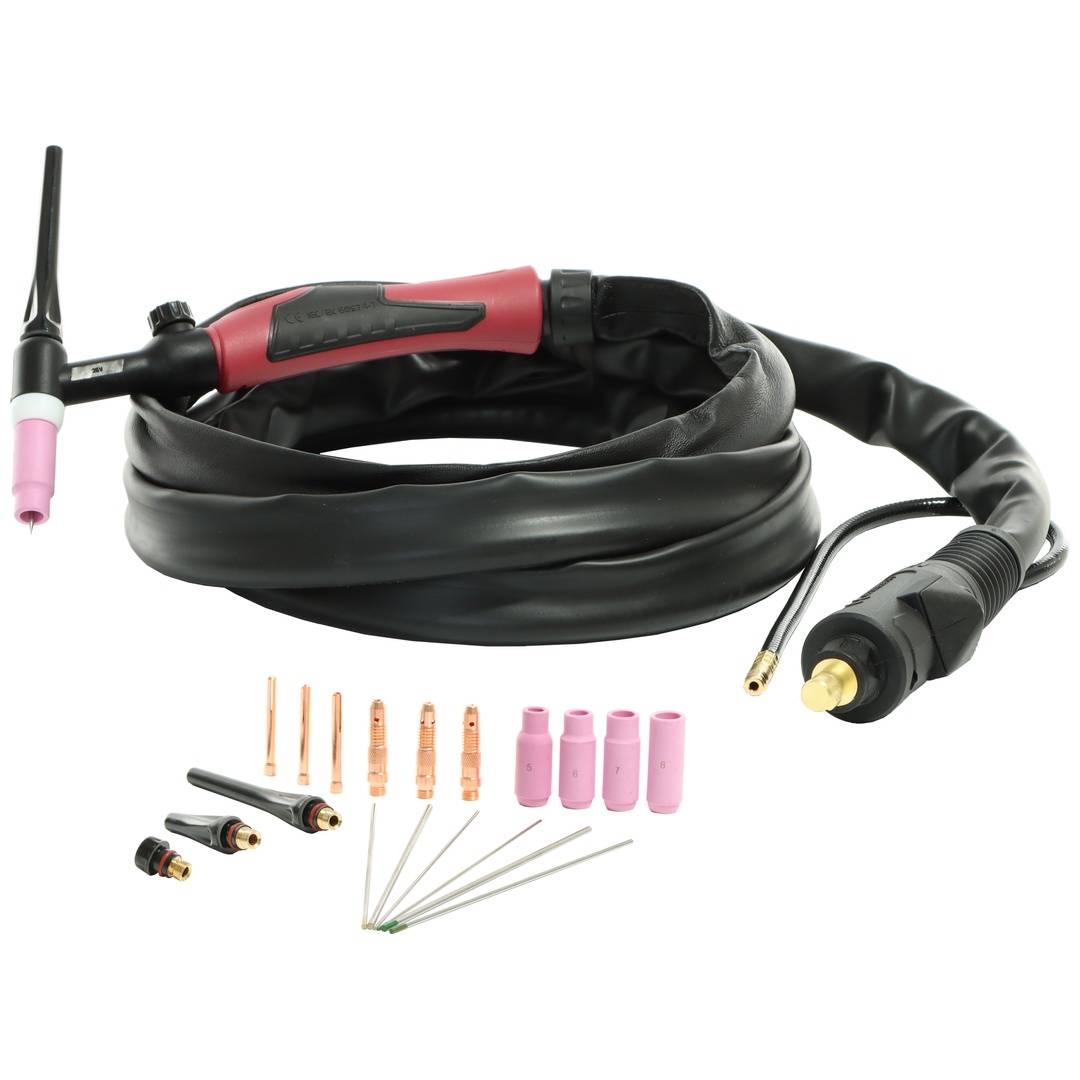 TIG-Schweißbrenner mit aufgewickeltem Kabel, Stecker und Ersatz-Pinkschweiße sowie Elektrodenrohren auf weißem Hintergrund.