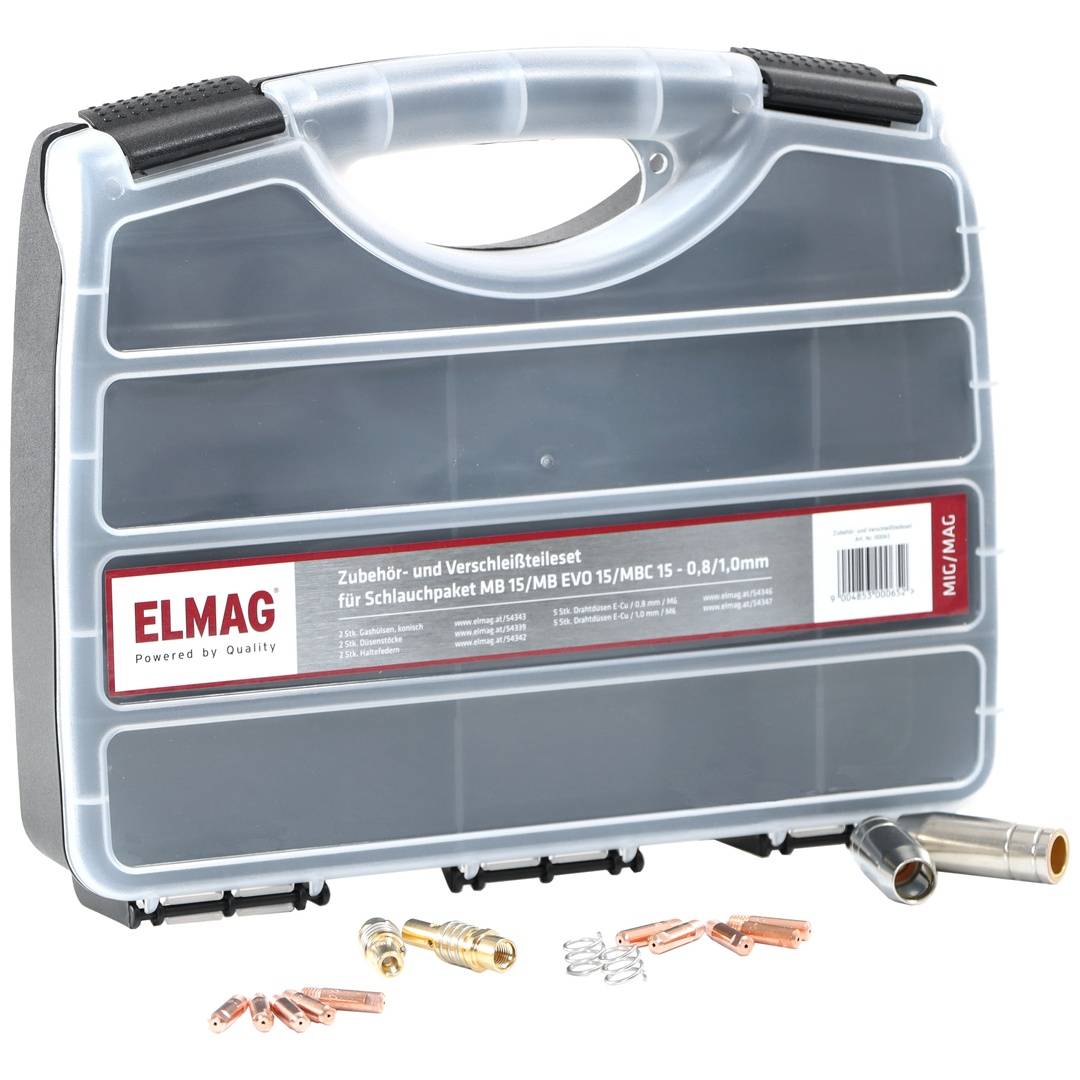 Kunststofftragkoffer mit ELMAG-Etikett, enthält Schweißzubehör und Verschleißteile, plus mehrere kleine Metalldüsen und Clips, die davor ausgelegt sind.