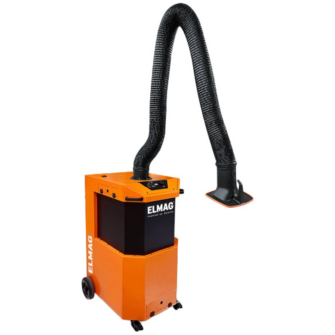 Orange-schwarzer Raucharusgzug mit schwarzem flexiblem Schlauch und Saugdüse, dargestellt auf weißem Hintergrund.