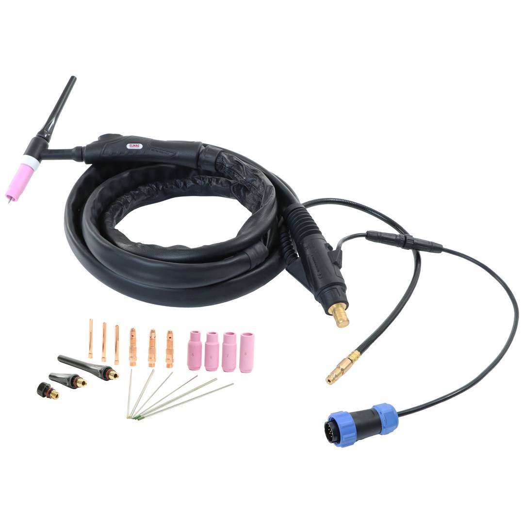 TIG-Schweißbrenner-Set mit gewendeltem Kabel, Steckverbindern und verschiedenen Kupferdüsen sowie rosa Keramikdüsen auf weißem Hintergrund.