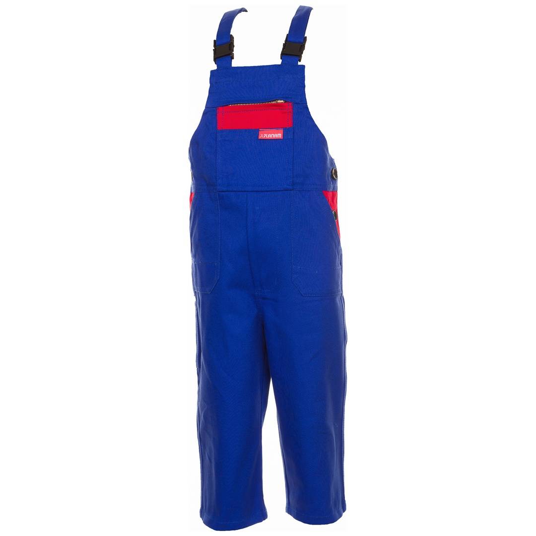 Blaue Arbeitsoveralls mit Schultergurten und roten Taschenelementen, Vorderansicht auf weißem Hintergrund.