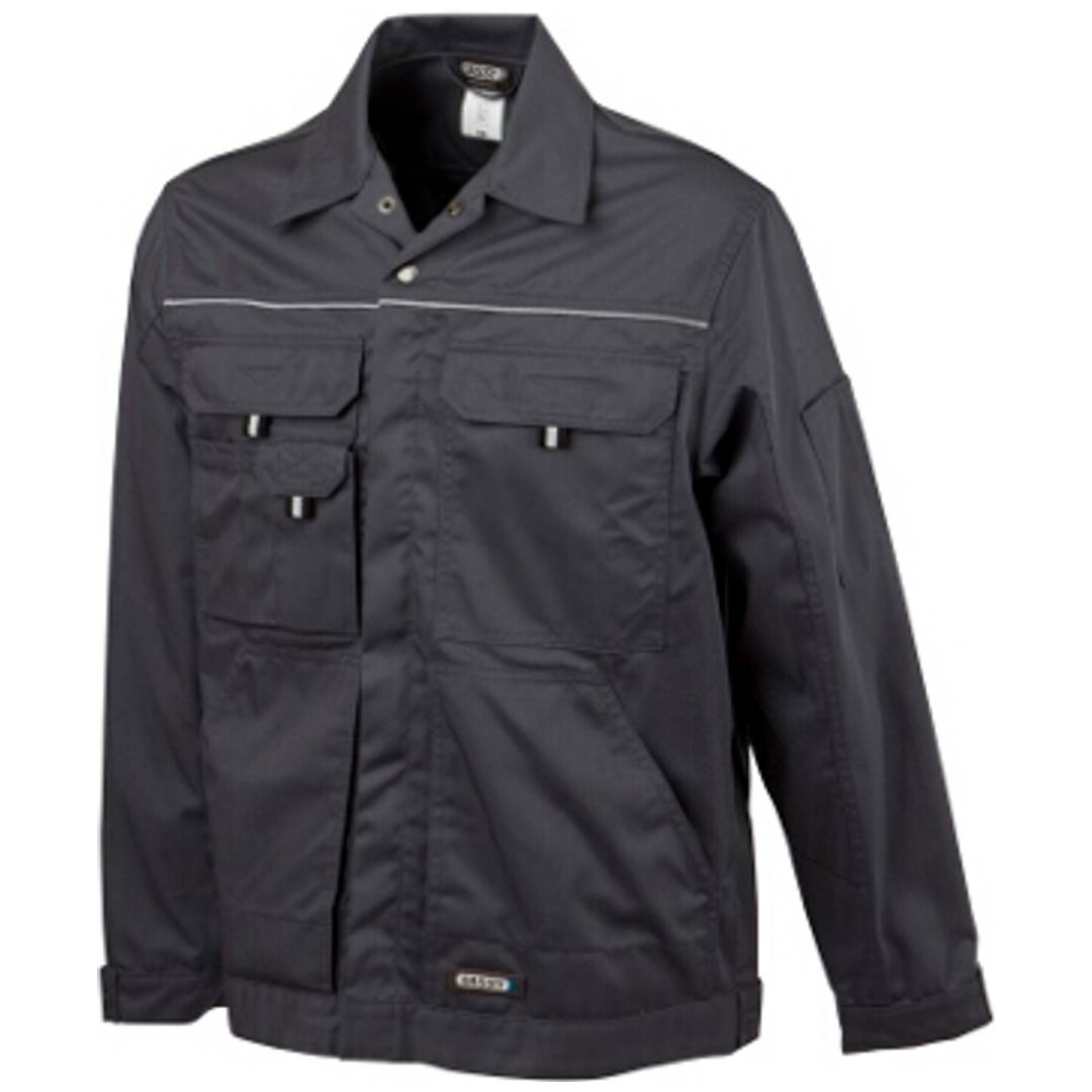 Dunkelgraue Arbeitsjacke mit langen Ärmeln, Kragen, Frontreißverschluss, Brusttaschen und reflektierenden Paspeln, gezeigt auf weißem Hintergrund.