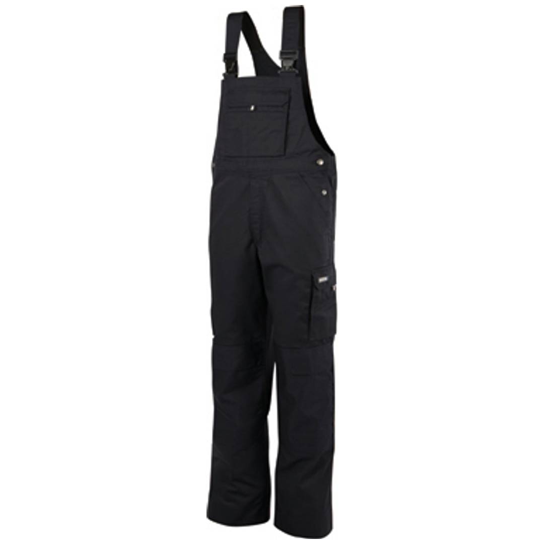 Schwarze Latzhose mit Schultergurten und mehreren Taschen, frontal auf weißem Hintergrund dargestellt.