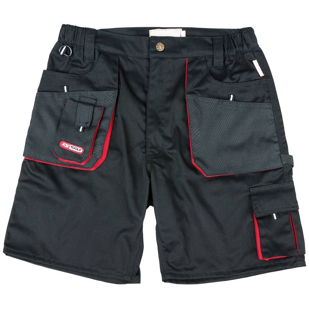 Schwarze Arbeitskurzhosen mit mehreren Cargotaschen, roter Einfassung und einem 