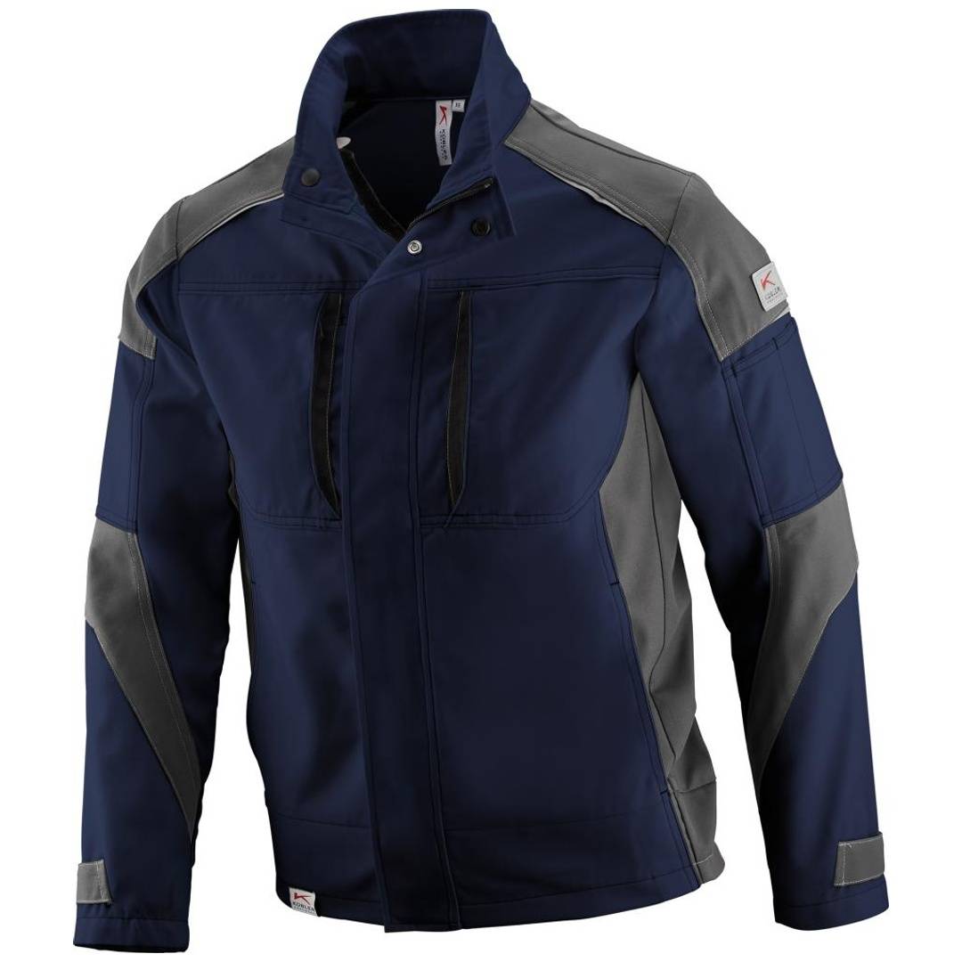 Marineblaue und graue Arbeitsjacke mit Reißverschluss, hohem Kragen, langen Ärmeln und Paneelen an Schultern und Armen, gezeigt auf weißem Hintergrund.