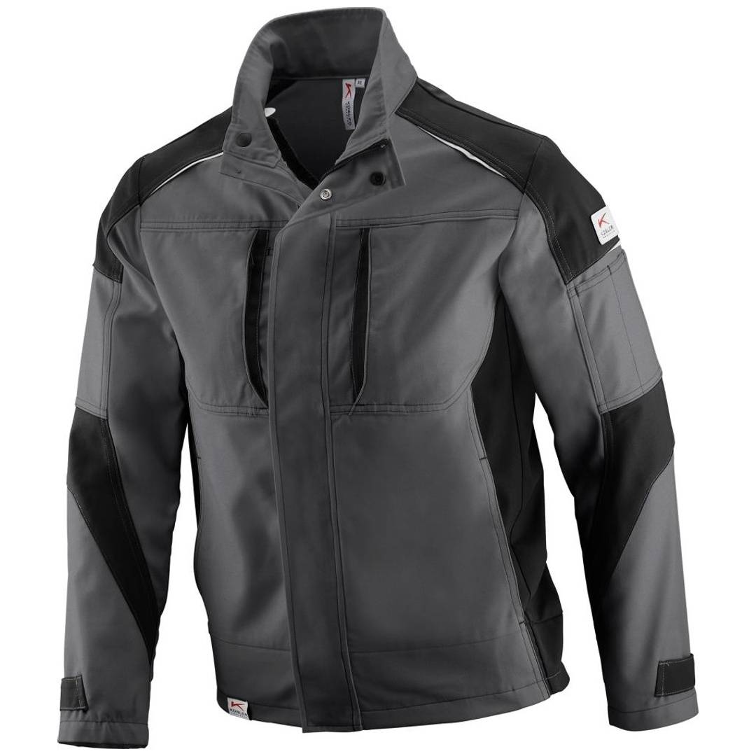 Graue und schwarze Arbeitsjacke mit hohem Kragen, Frontreißverschluss, Brusttaschen mit Reißverschluss und schwarzen Schulter- und Ärmelpaneelen, dargestellt auf weißem Hintergrund.