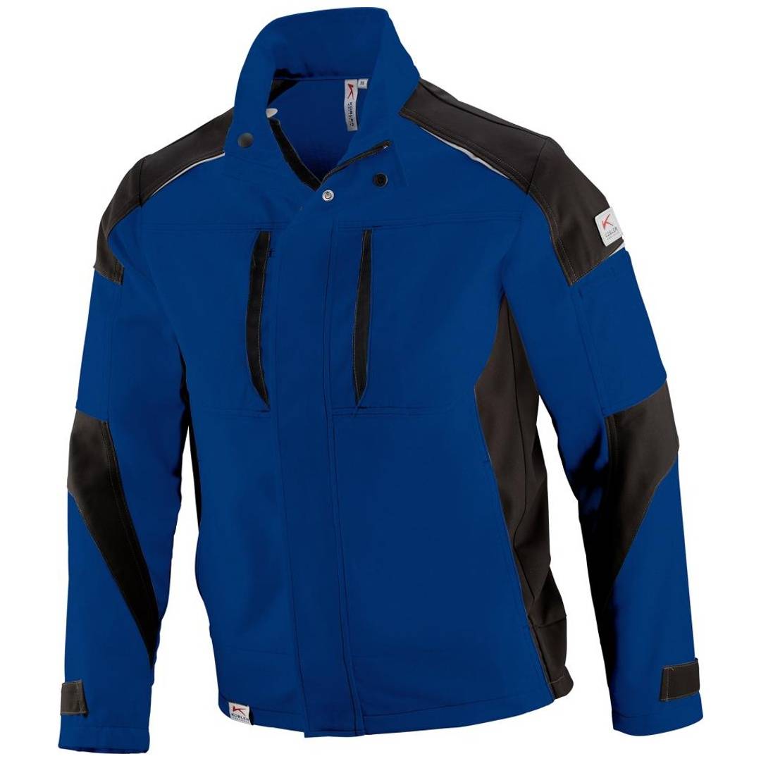 Blau-schwarze Reißverschluss-Außenjacke mit hohem Kragen, Brusttaschen und langen Ärmeln auf weißem Hintergrund dargestellt.
