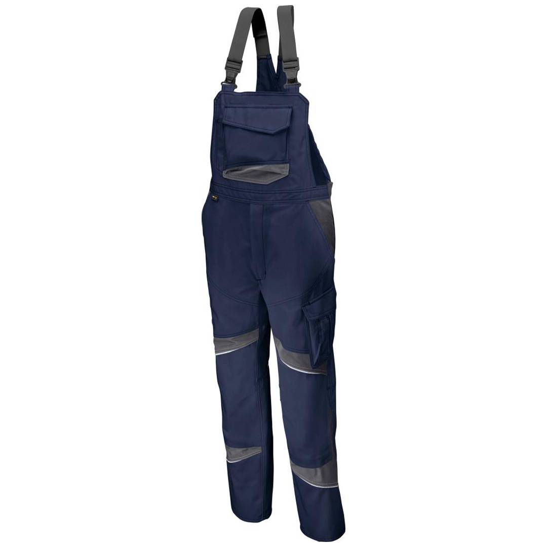 Marineblauaue Arbeitsoveralls mit Hosenträgern und reflektierendem grauem Rand, auf neutralem weißem Hintergrund gezeigt.