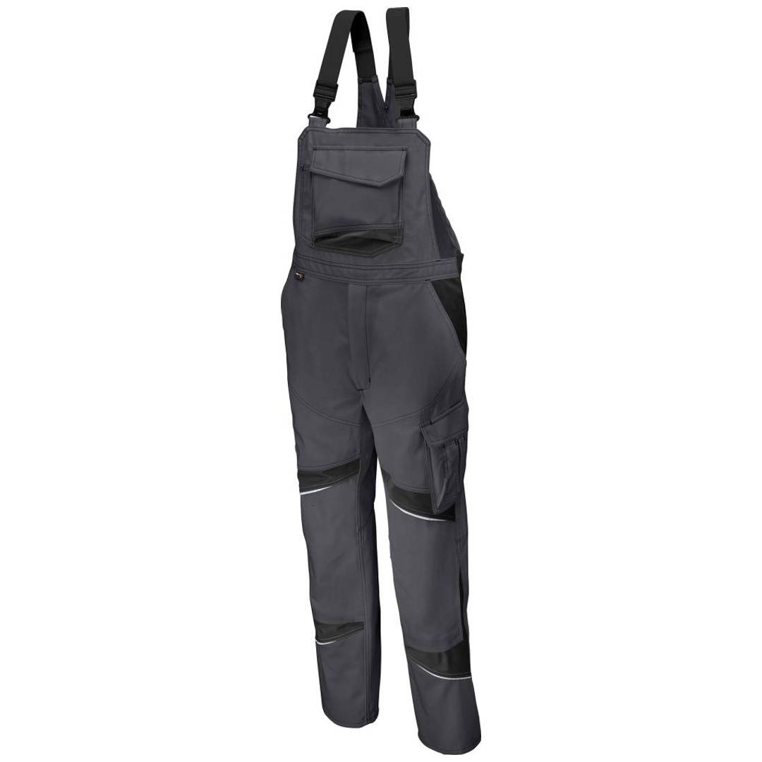Dunkelgraue Arbeitsoveralls mit Hosenträgern und mehreren Taschen, isoliert auf weißem Hintergrund dargestellt.