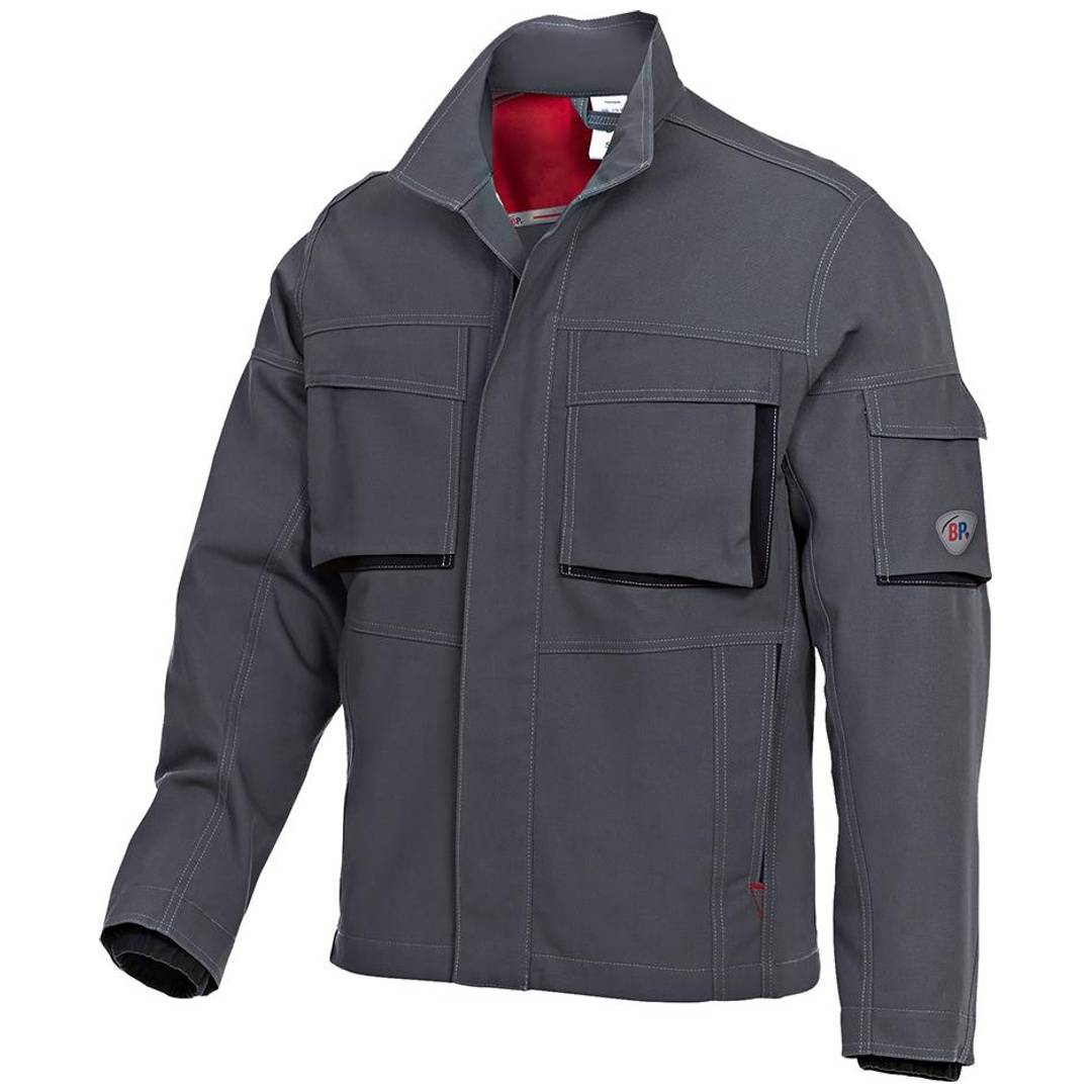 Graue Arbeitsjacke mit hohem Kragen, Frontreißverschluss und mehreren Pattentaschen, gezeigt vor einem einfachen weißen Hintergrund.