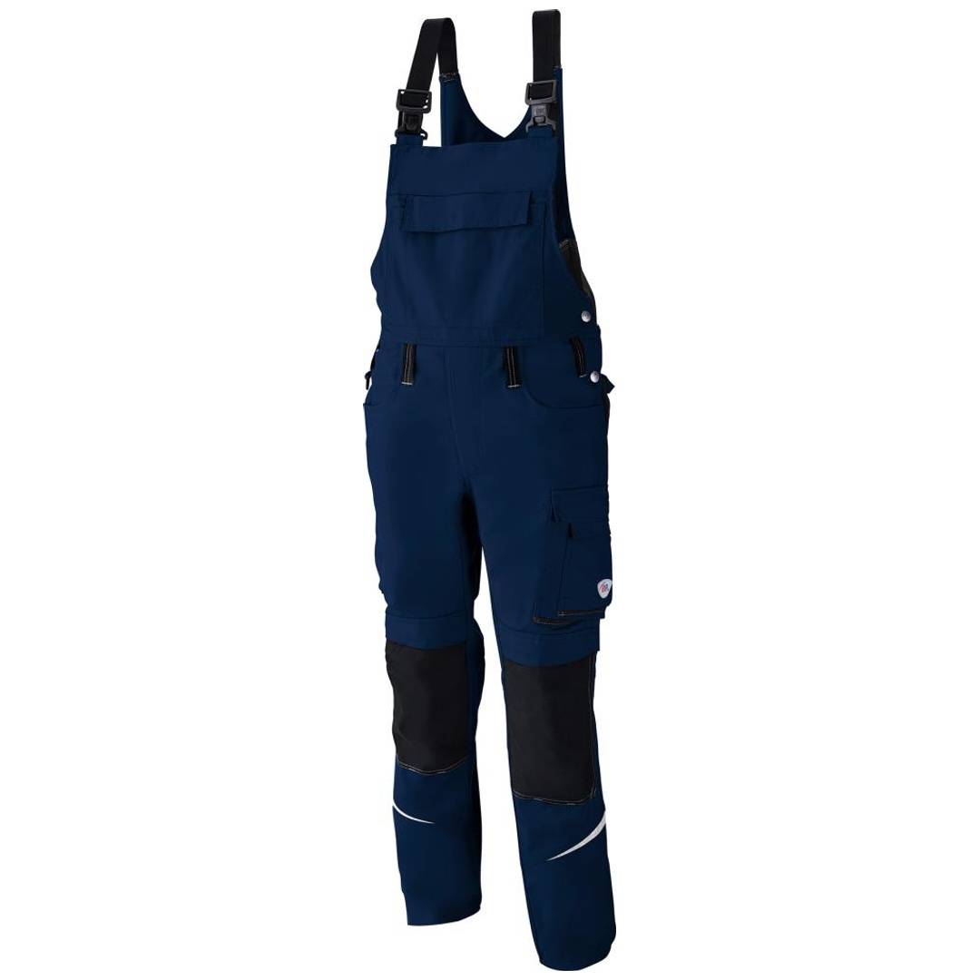 Blaue Arbeitsoveralls mit verstellbaren Schultergurten, Vorder- und Seitentaschen sowie schwarzen verstärkten Knie- und Unterschenkelbereichen.