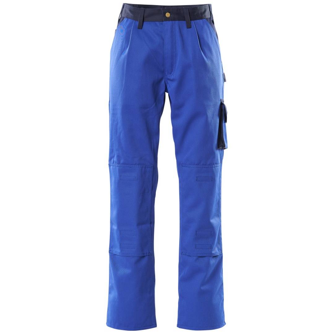 Blaue Arbeitshose mit schwarzem Bund und seitlicher Cargotasche, Vorderansicht auf einfachem weißem Hintergrund.