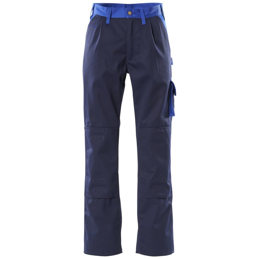 Marineblau Arbeitshose mit Gürtel, verstärkte Kniebereiche und seitliche Werkzeugtasche, Vorderansicht auf weißem Hintergrund.