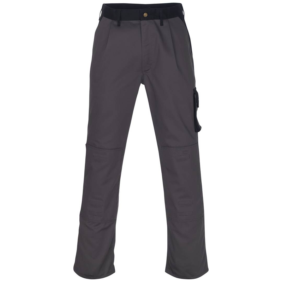 Dunkelgraue Outdoor-Hose mit schwarzem Bund, vorderen Taschen und Cargotasche am rechten Oberschenkel, vor weißem Hintergrund gezeigt.