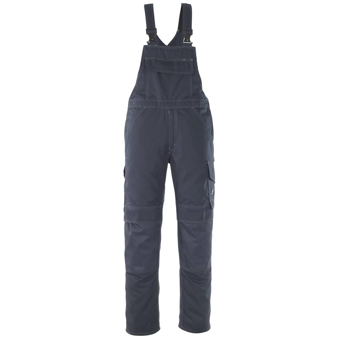 Dunkelmarineblaue Arbeitslatzhose mit Schultergurten, vorderer Brusttasche und Cargotaschen, isoliert auf weißem Hintergrund dargestellt.