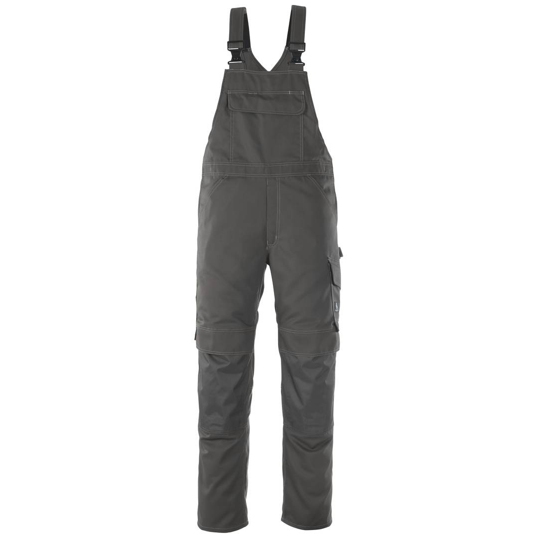 Graue Latzhose mit verstellbaren Schultergurten, vorderer Brusttasche und seitlicher Cargotasche auf weißem Hintergrund.