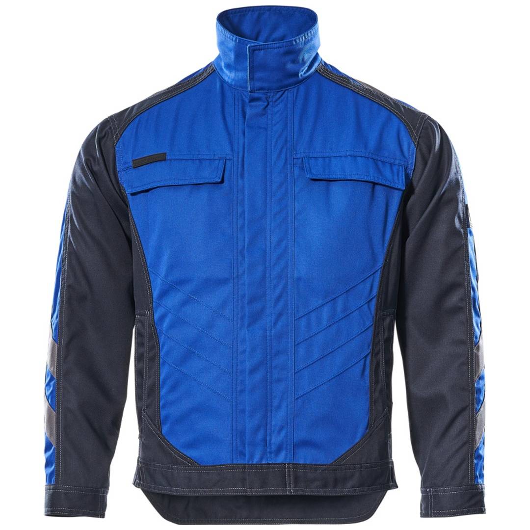 Blau-schwarze Arbeitsjacke mit Reißverschluss, hohem Kragen, Brusttaschen und langen Ärmeln, Vorderansicht auf weißem Hintergrund.
