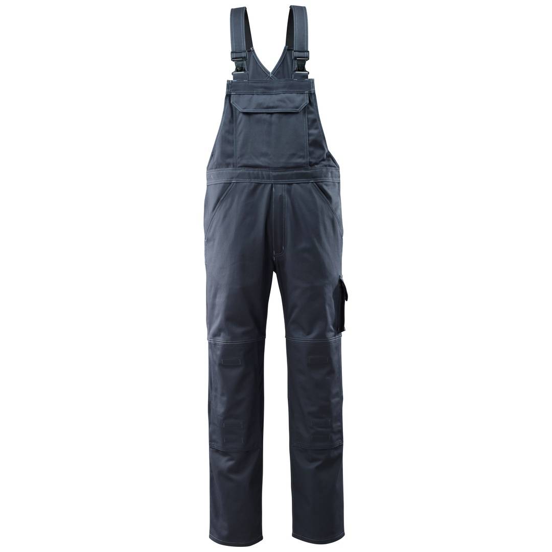 Dunkelblaue, wasserdichte Latzhose mit Schultergurten, vorderer Brusttasche und verstärkten Knien, dargestellt auf weißem Hintergrund.