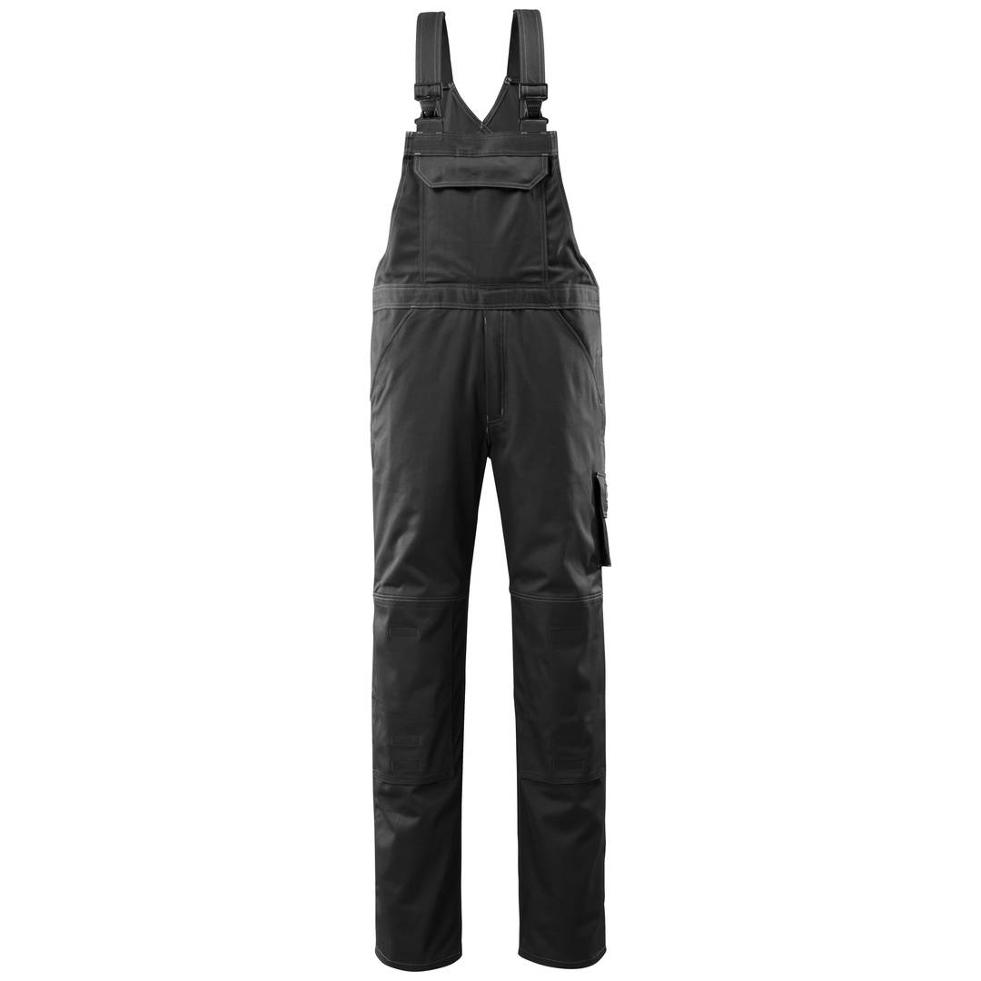 Schwarze Latzoveralls mit verstellbaren Schultergurten, vorderer Brusttasche und langen Arbeitshosen auf weißem Hintergrund.