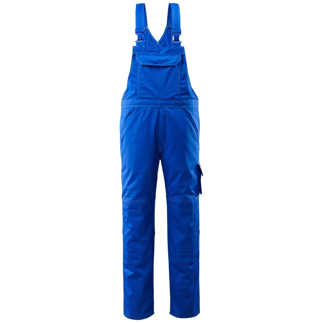 Leuchtend blaue Latzhose mit verstellbaren Schultergurten und einer Seitentasche, Vorderansicht auf weißem Hintergrund gezeigt.