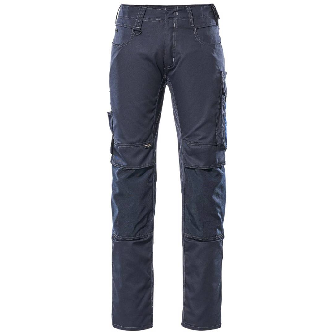 Marineblaue Cargo-Arbeitshose mit mehreren Taschen und verstärkten Knien, Vorderansicht auf weißem Hintergrund.