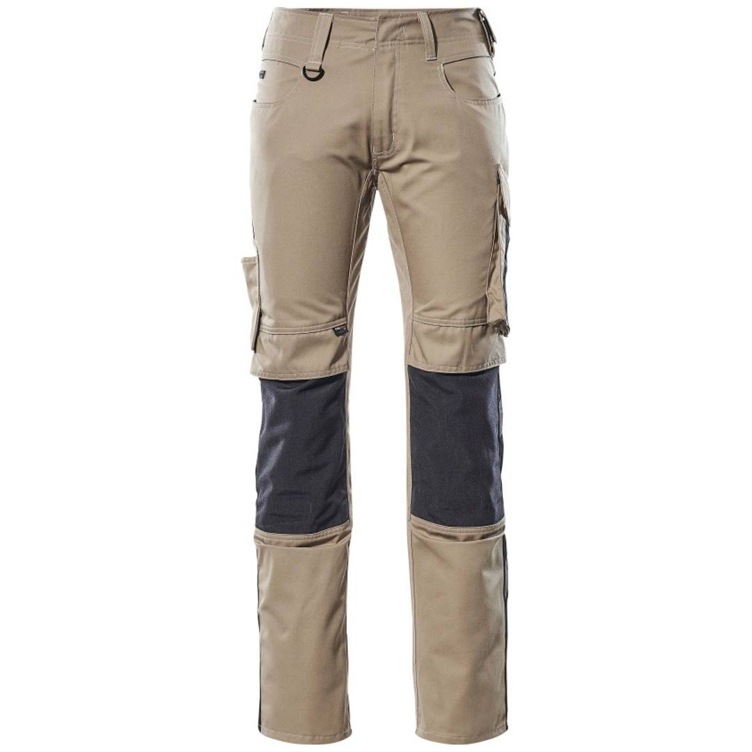 Beige Cargo-Arbeitshose mit schwarzen Kniepartien und mehreren Taschen, Vorderansicht auf weißem Hintergrund.