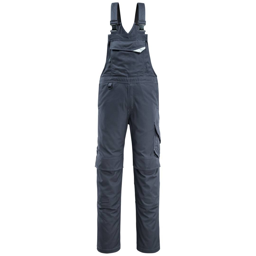 Dunkelgraue Latzhose mit Schultergurten, Vordertasche und Cargotasche an einem Bein.