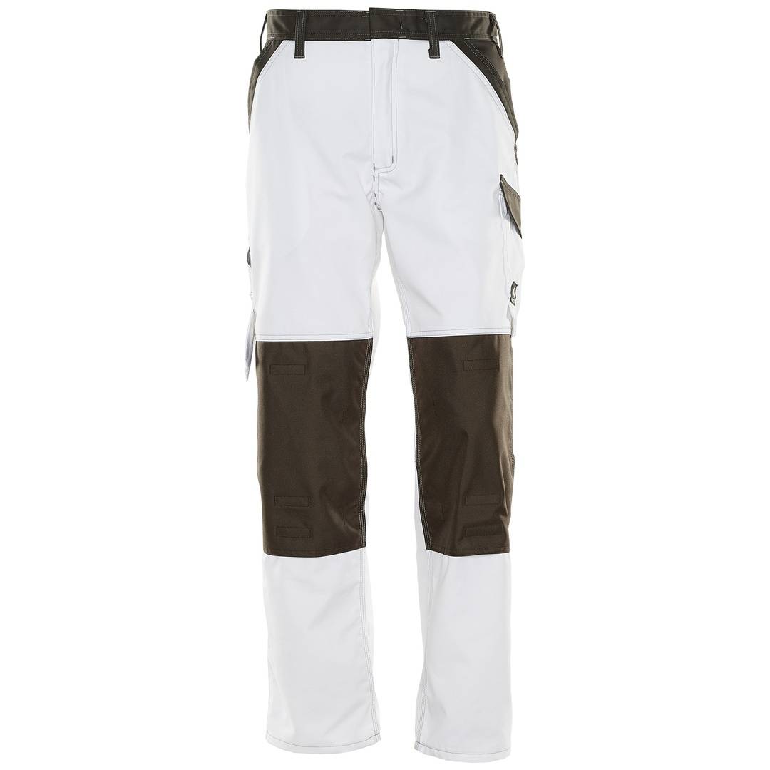 Weiße und dunkelbraune Outdoor-Cargohosen in Vorderansicht, mit verstärkten Knien, Taschen und einem schwarzen Bund.