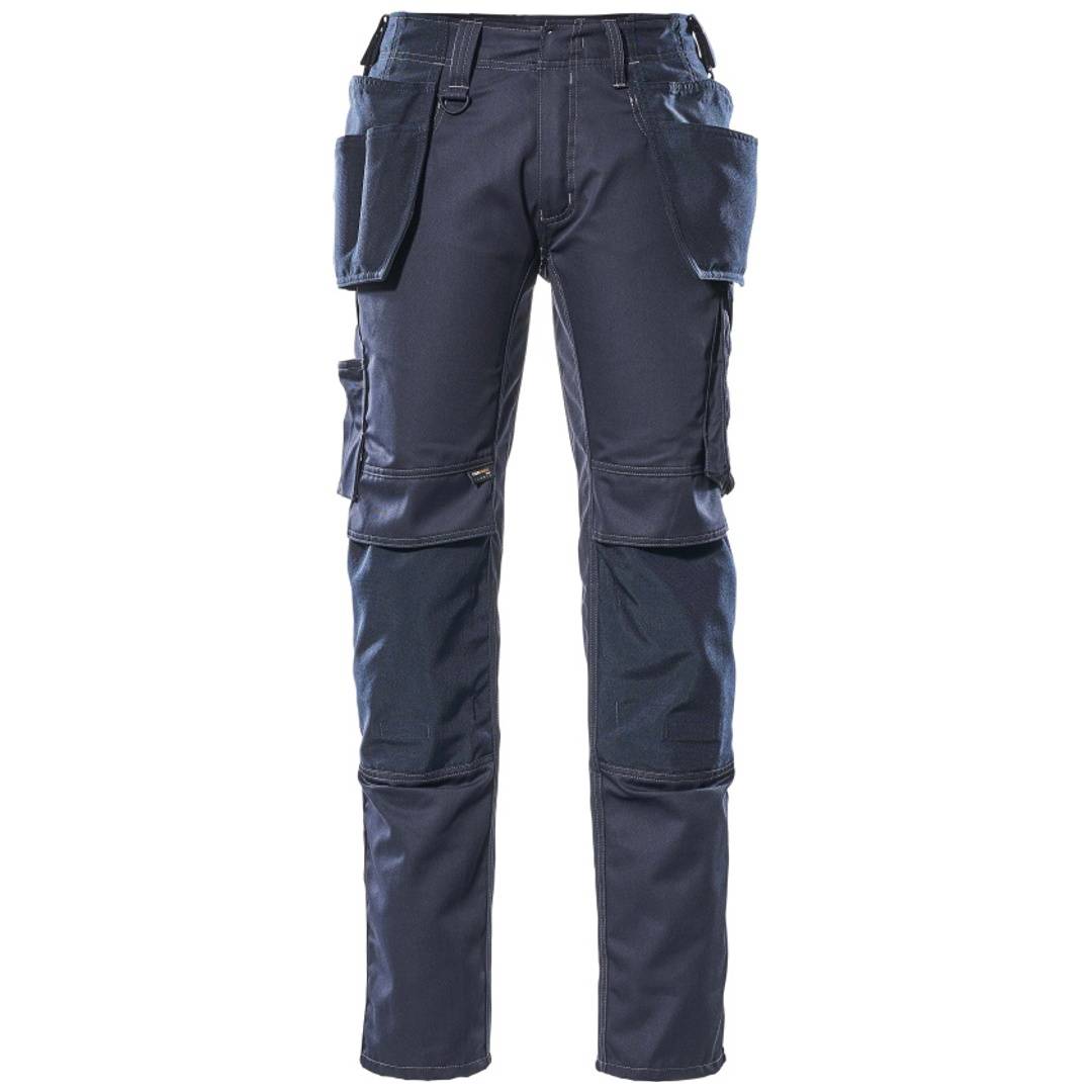 Dunkelblaue Arbeits-Cargohose mit mehreren Taschen, Vorderansicht auf weißem Hintergrund.