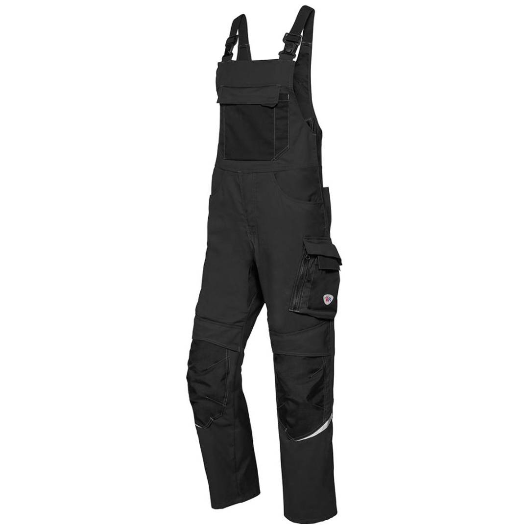 Schwarze Arbeitsoveralls mit verstellbaren Schultergurten, vorderer Brustentasche, Knieverstärkung und mehreren seitlichen Cargo-Taschen auf weißem Hintergrund.