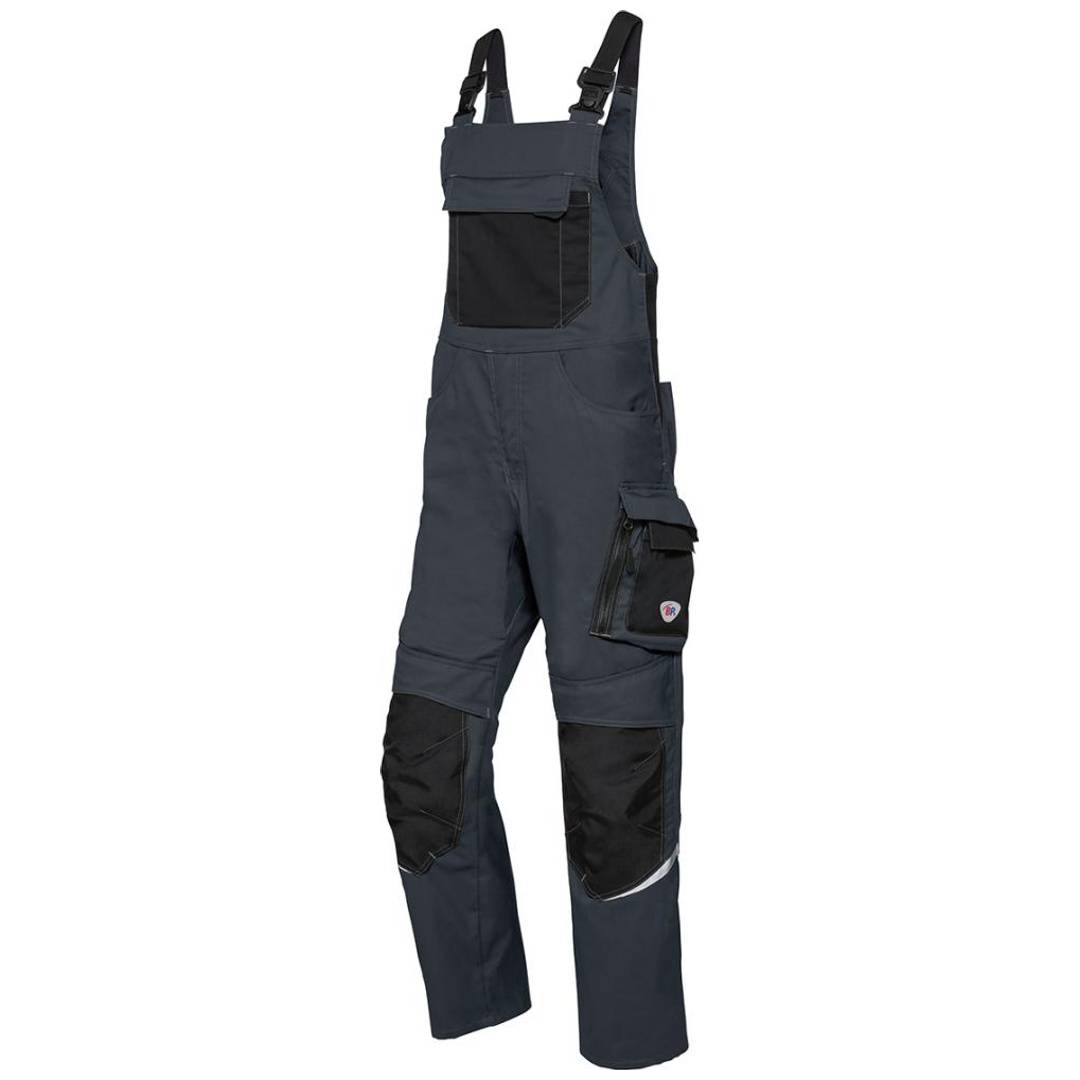 Dunkelblaue Arbeitsoveralls mit schwarzen verstärkten Knien und Brustltasche, Vorderansicht auf weißem Hintergrund.