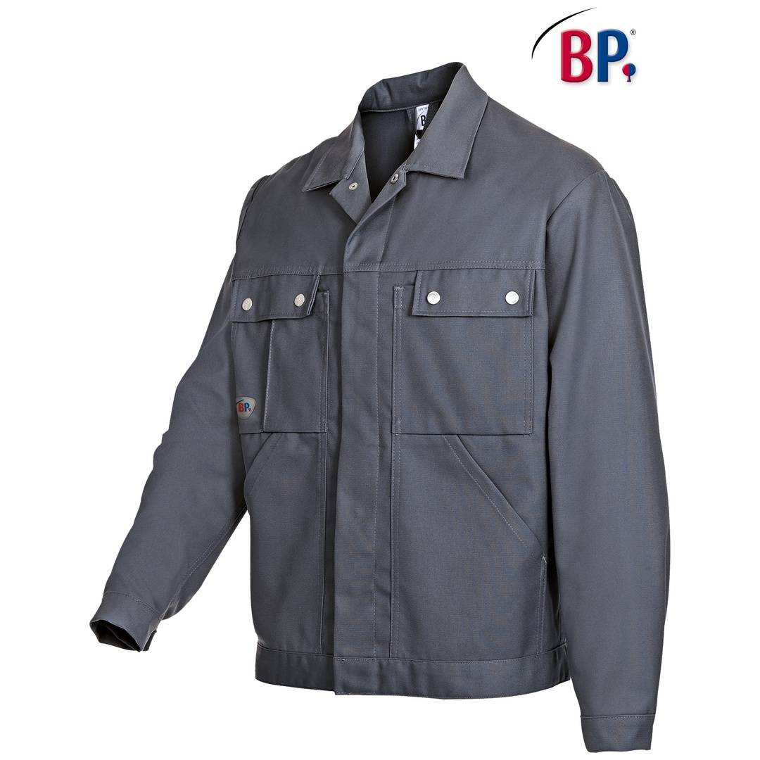 Graue Arbeitsjacke mit langen Ärmeln, Brusttaschen mit Knöpfen und BP-Logo, auf weißem Hintergrund dargestellt.