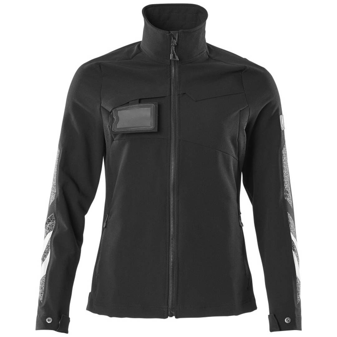 Schwarze Reißverschluss-Technologiejacke mit hohem Kragen, Brusttasche und gemusterten Ärmelpaneelen auf weißem Hintergrund.