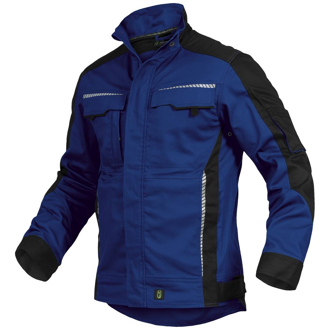 Blau-schwarze Arbeitsjacke mit Kapuze, reflektierenden Akzenten und Reißverschlusstaschen vorne, auf weißem Hintergrund gezeigt.