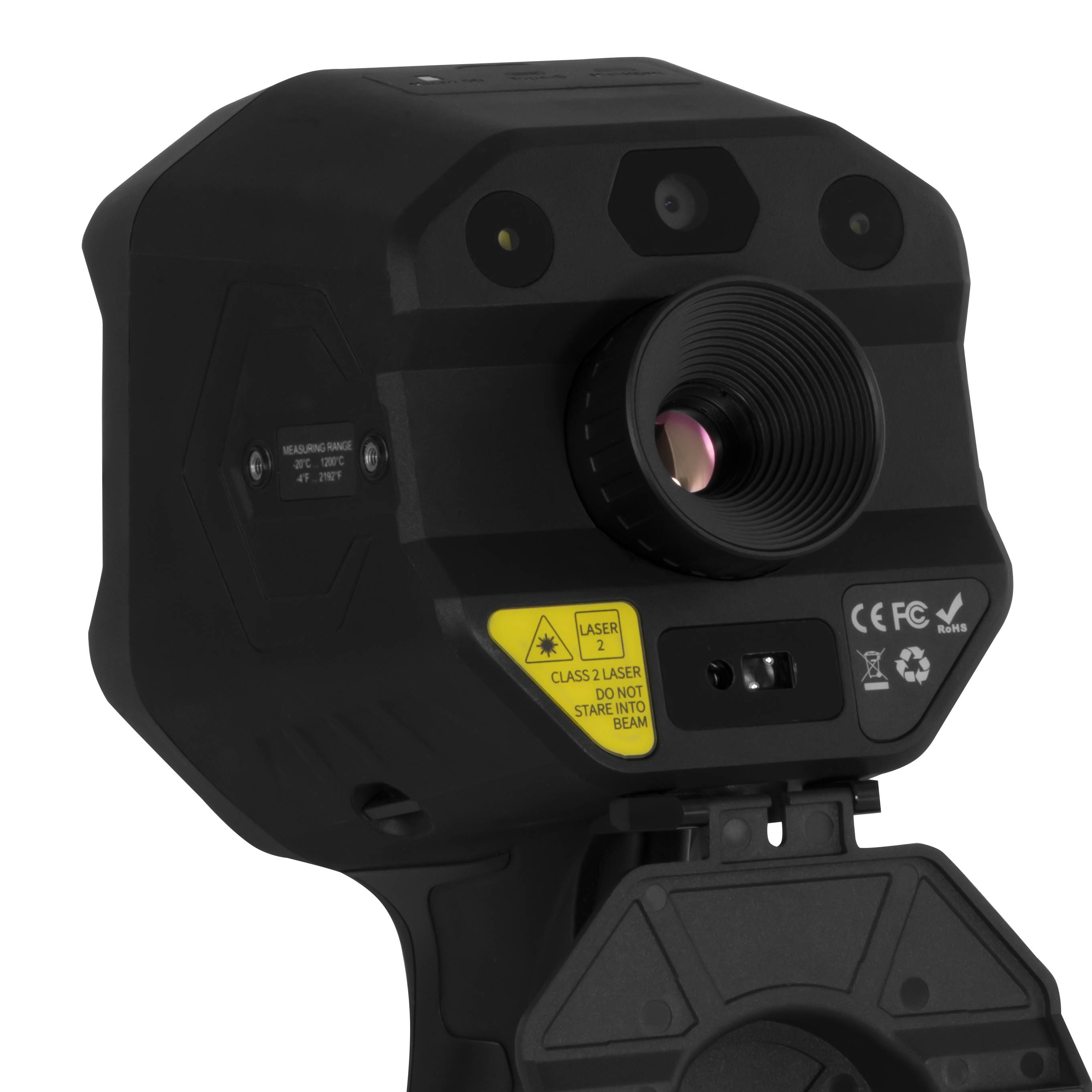 Tragbarer schwarzer 3D-Lasscanner mit zentralem Objektiv, Sensorfenstern und Warnkennzeichnungen, vor weißem Hintergrund dargestellt.