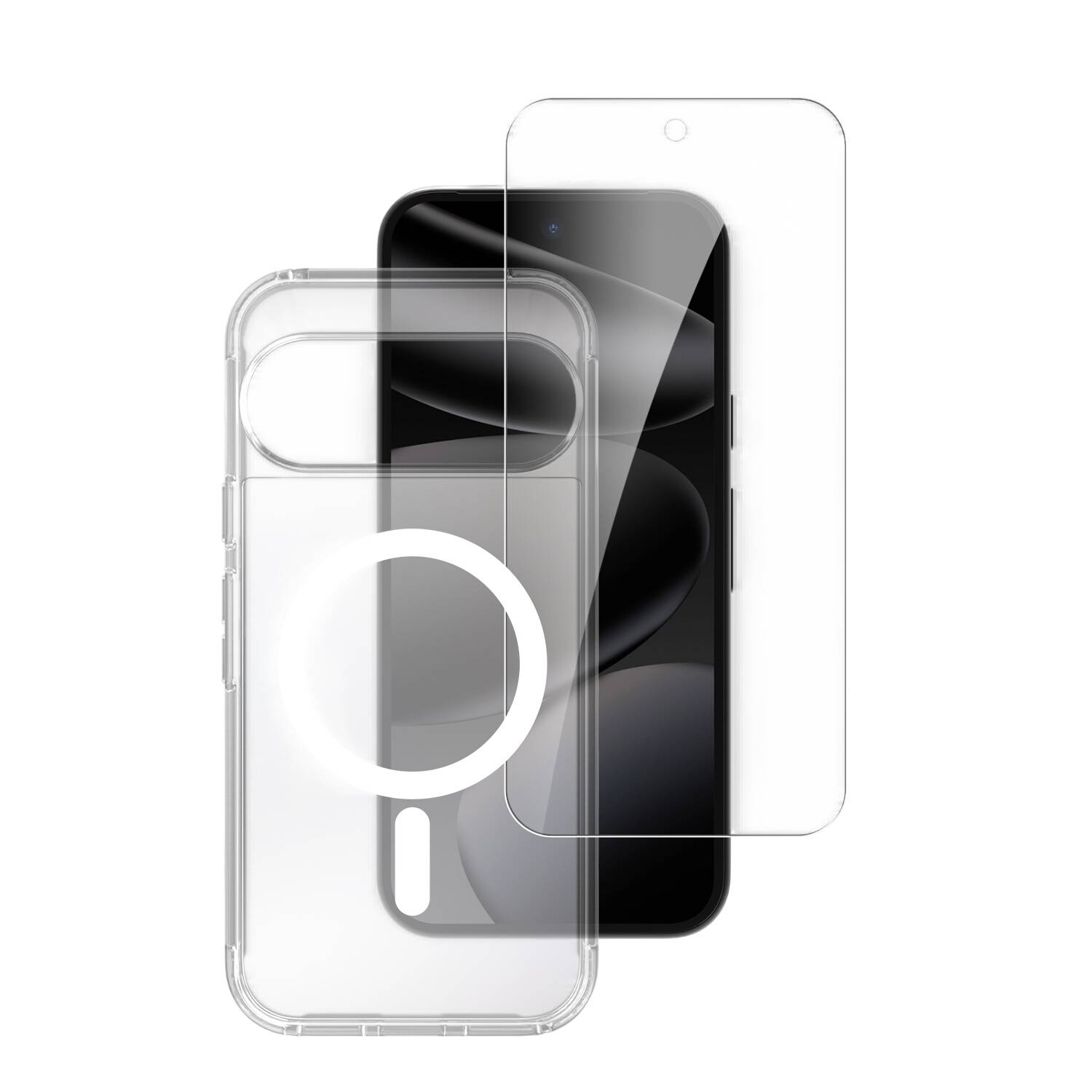 Durchsichtige Schutzhülle für Telefon und ein Displayschutzfilm, die über einem schwarzen Smartphone auf weißem Hintergrund angezeigt werden.