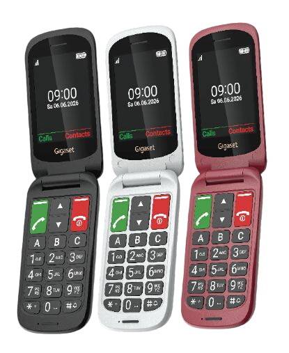 Drei Gigaset Flip-Mobiltelefone in Schwarz, Weiß und Pink, aufgeklappt mit sichtbaren Bildschirmen und Tastatur.