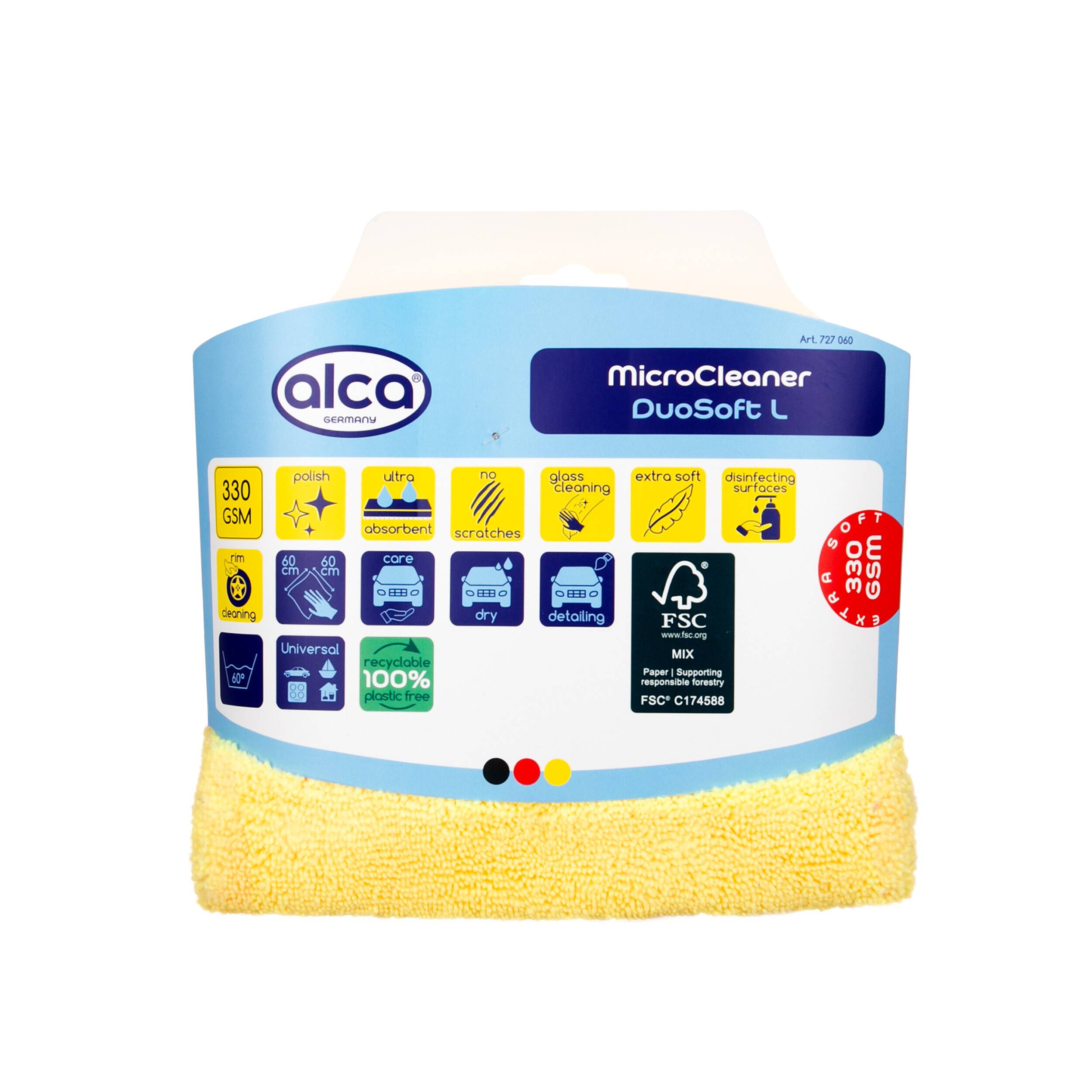 Packung von alca MicroCleaner DuoSoft L Mikrofasertüchern, gefaltet dargestellt mit gelbem Rand, gekennzeichnet mit 330 GSM und verschiedenen Reinigungsfunktionen.