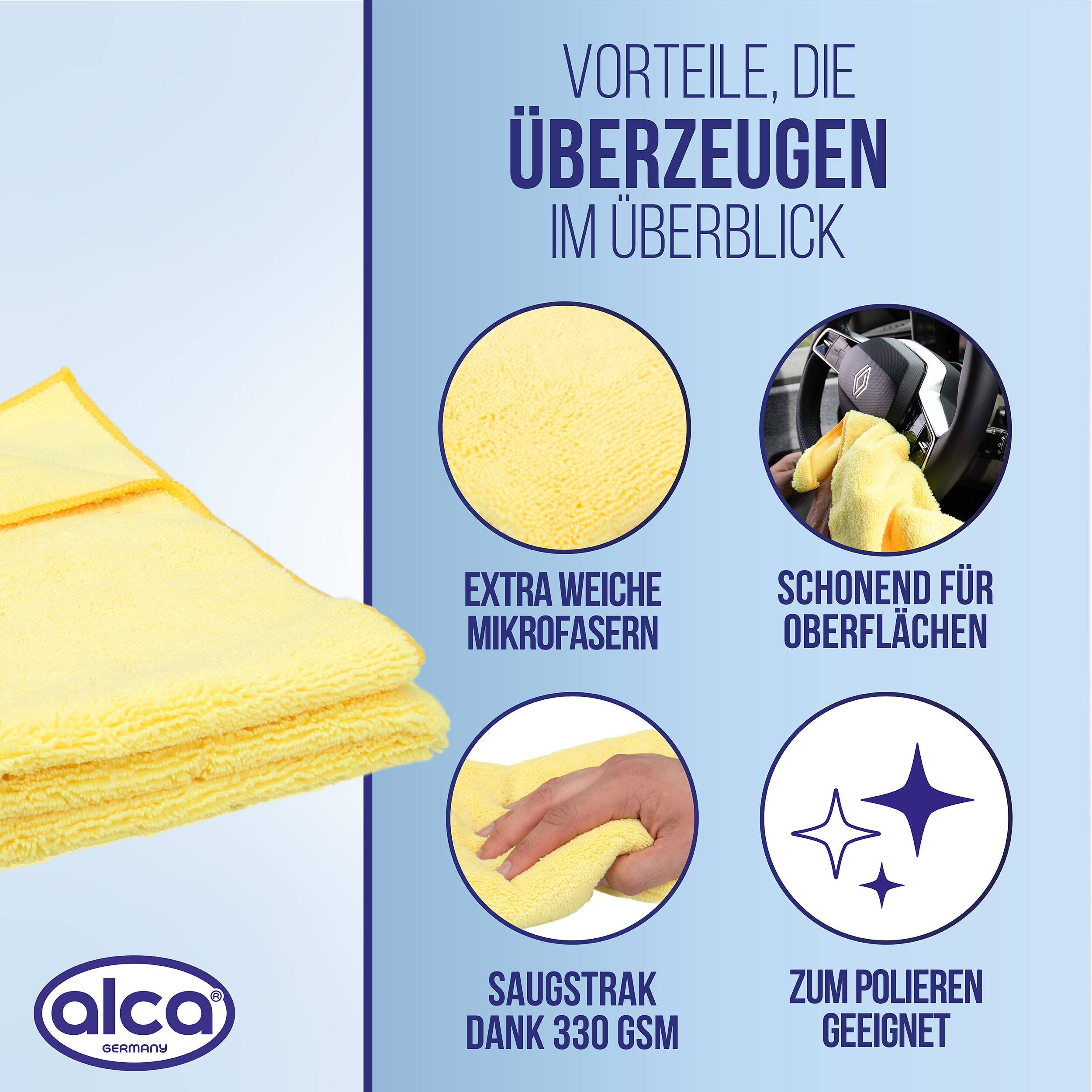 Deutsches Produktgrafik für alca Mikrofasertücher mit gelben Tüchern und Vorteilen: extra weiche Mikrofaser, sanft zu Oberflächen, starke Saugfähigkeit und geeignet zum Polieren.